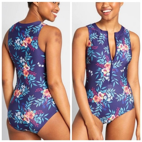 Modcloth Other - Modcloth The Amber One Piece Rashguard Zip Front Swimsuit Blue Floral